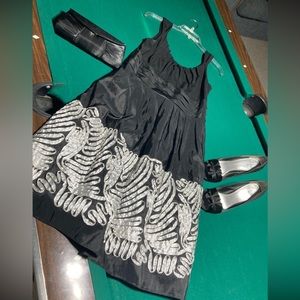 Bundle of black satin dressy outfit. Dress size 6. Matching clutch & shoes 7.5